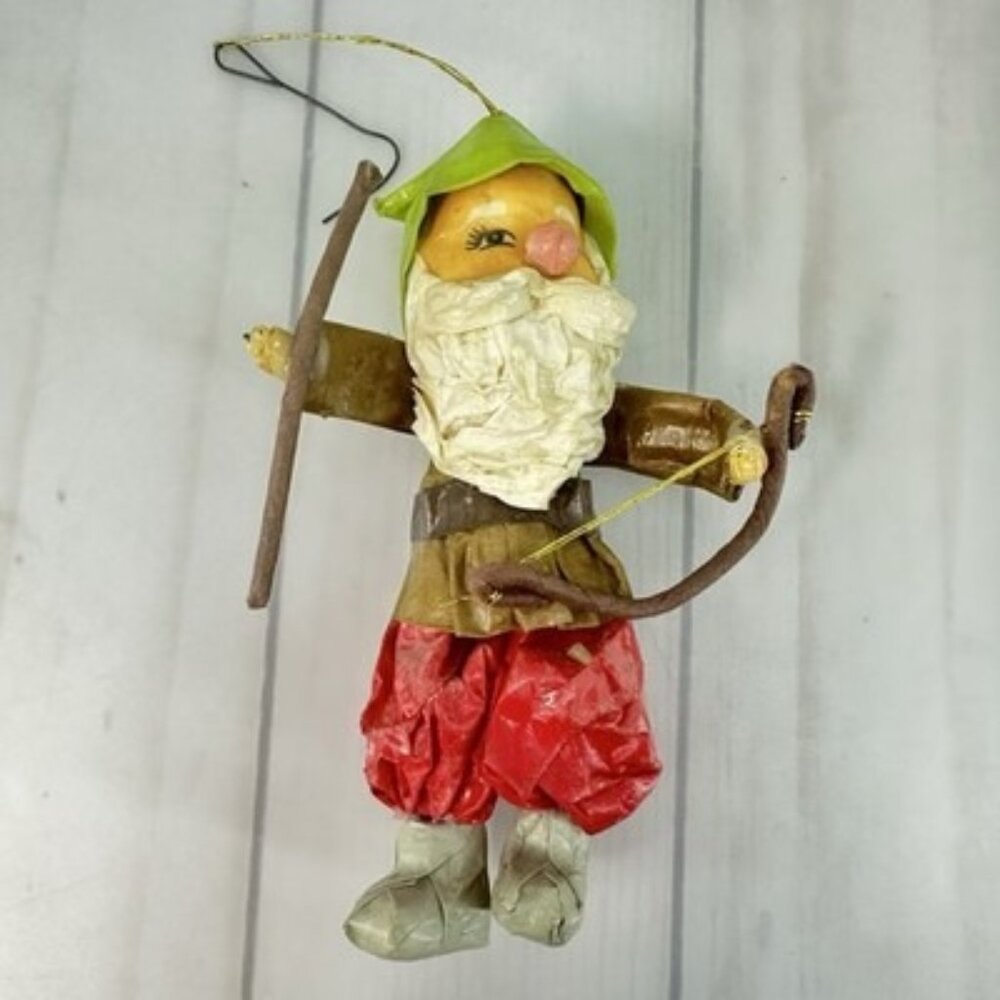 Vintage Elf Gnome Paper Mache Christmas Ornament Bow Arrow Woodsman 5"